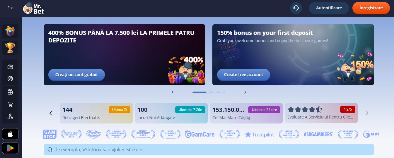 Înregistrează-te la Mr Bet Casino și primește 400% bonus până la 7.500 lei la primele patru depozite